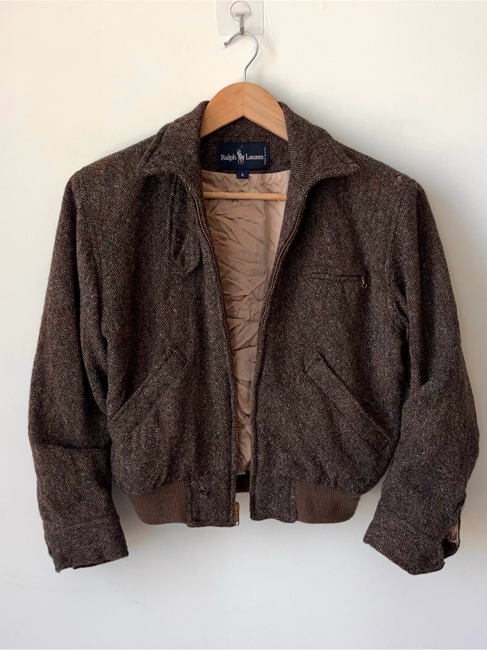 Vintage Ralph Lauren 100% Wool Tweed Bomber Jacket Size 6 Blue Label 80s Donegal